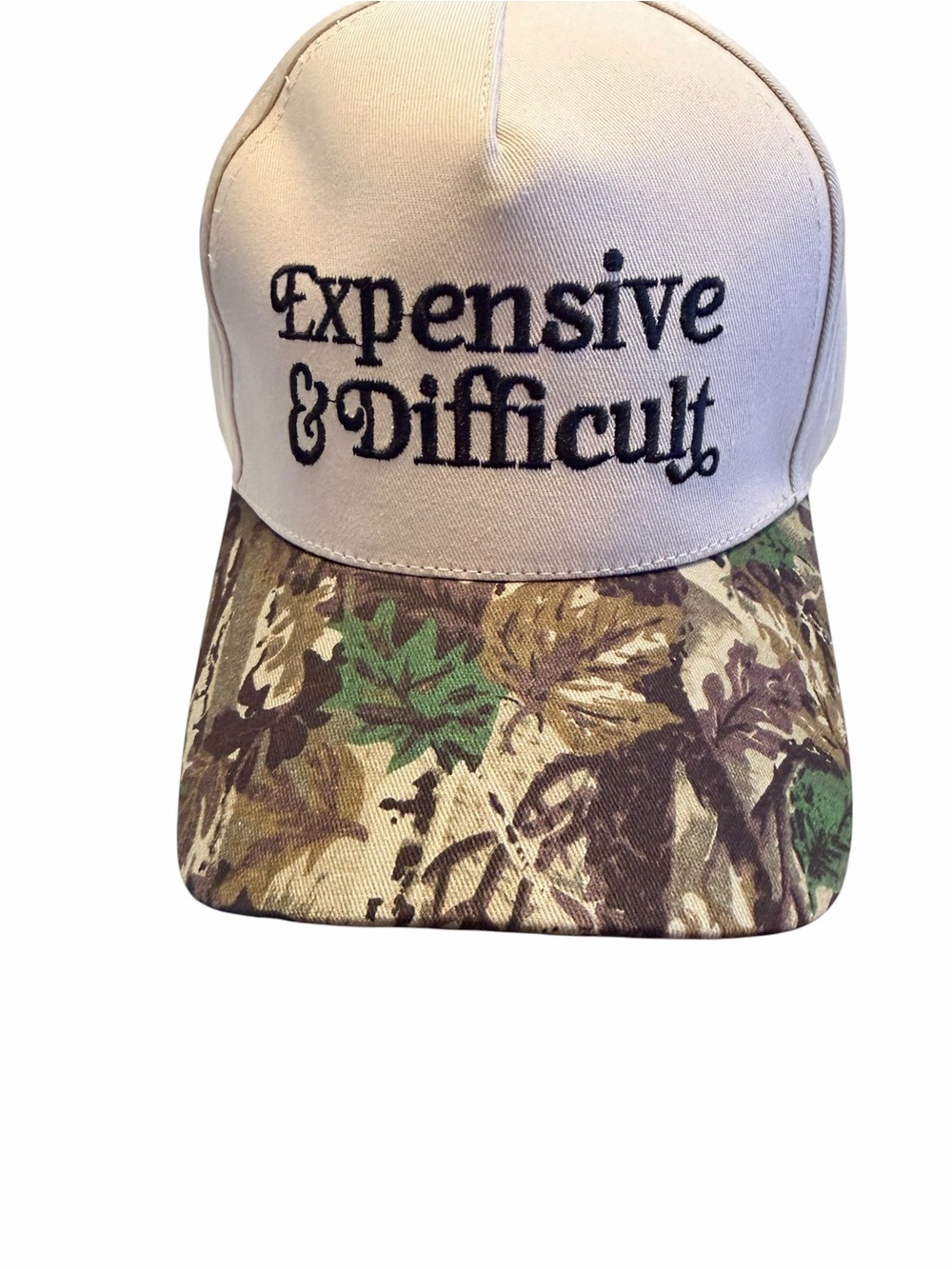 Source Unknown Beige & Camo "Expensive & Difficult" Embroidered Baseball Cap